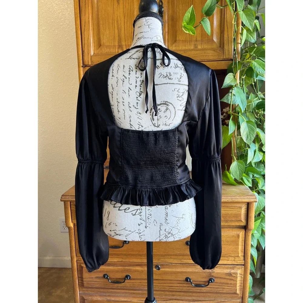 Francesca's Miami Black Satin Open Back Crop Whimsigoth Top Small